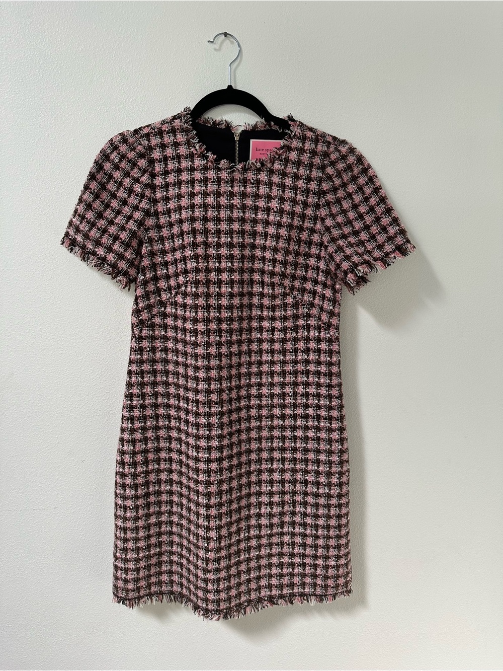Kate Spade Tweed Houndstooth Shift Dress Fringe Back Zip Size 2 Office Cocktail